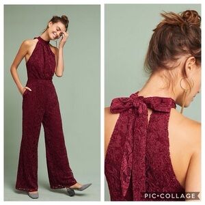 Anthropologie Ett Twa Burgundy Lace Halter Jumpsuit holiday party all over lace